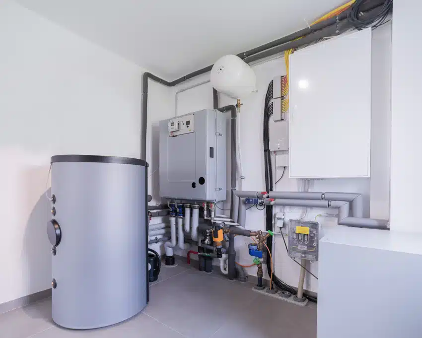 Basement interior with hybrid water heater for home usage