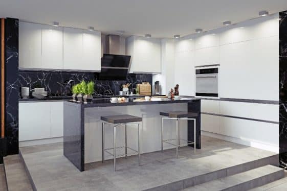 Polyurethane Kitchen Cabinets Finishes Application   Beautiful Black And White Kitchen Interior With Grante Countertops Island With Stools And Kitchen Cabinets With Polyurethane Finish Is 561x374 