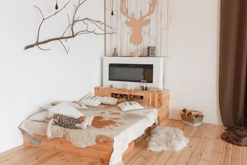 Bedroom with rustic pine headboard, and decor pieces