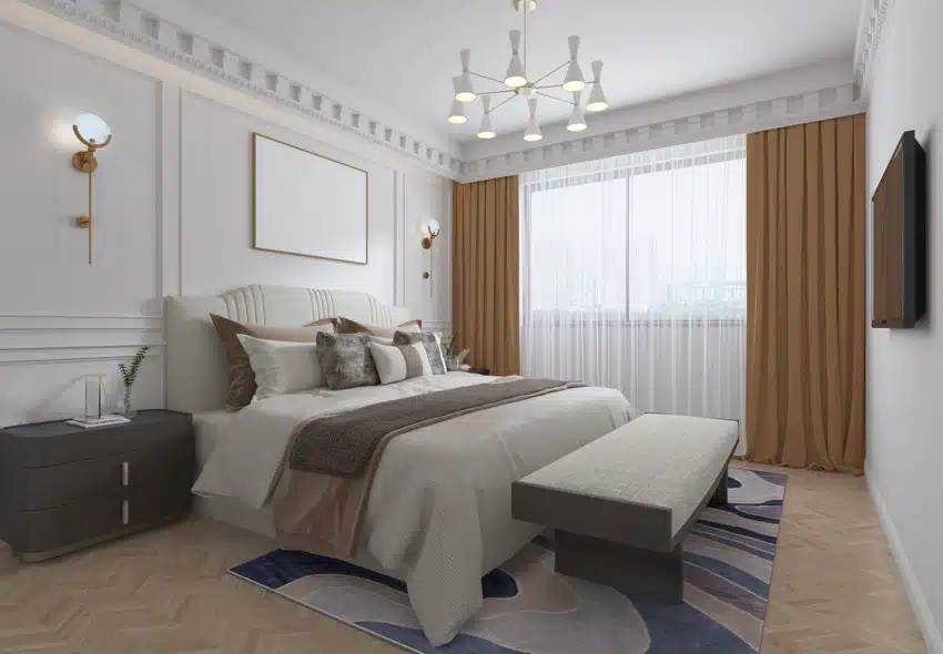 Bedroom with Wallchiere sconces, bedding, headboard, curtain, windows and nightstand