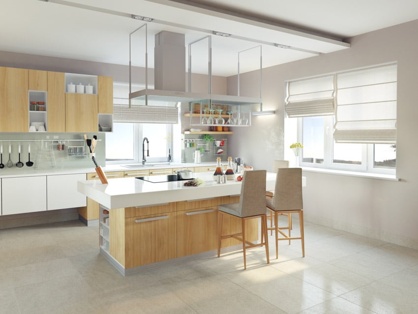 Bright minimalist remodeled kitchen with high chairs, wood cabinets, island, backsplash, tile flooring, range hood, and windows