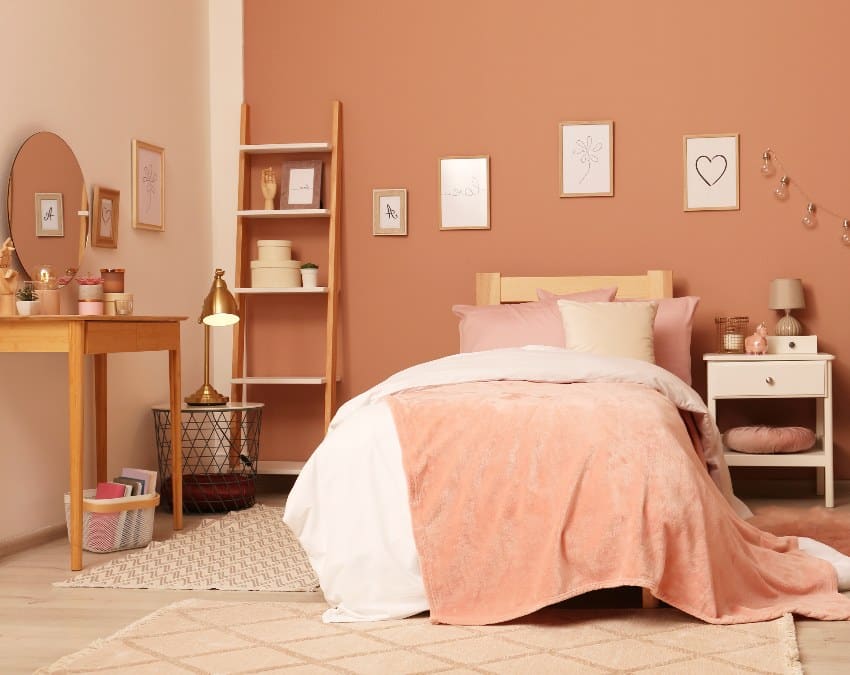 Brown and neutral colors teen bedroom interior with stylish furniture and beautiful decor elements