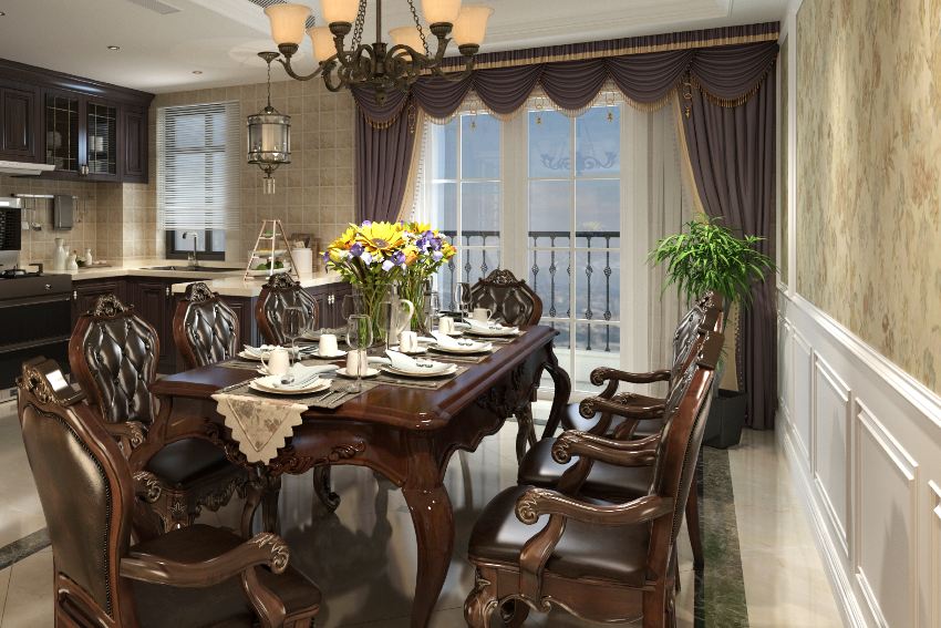 Classic dining area with beige tones, dark wood dining set, and brown portiere curtains