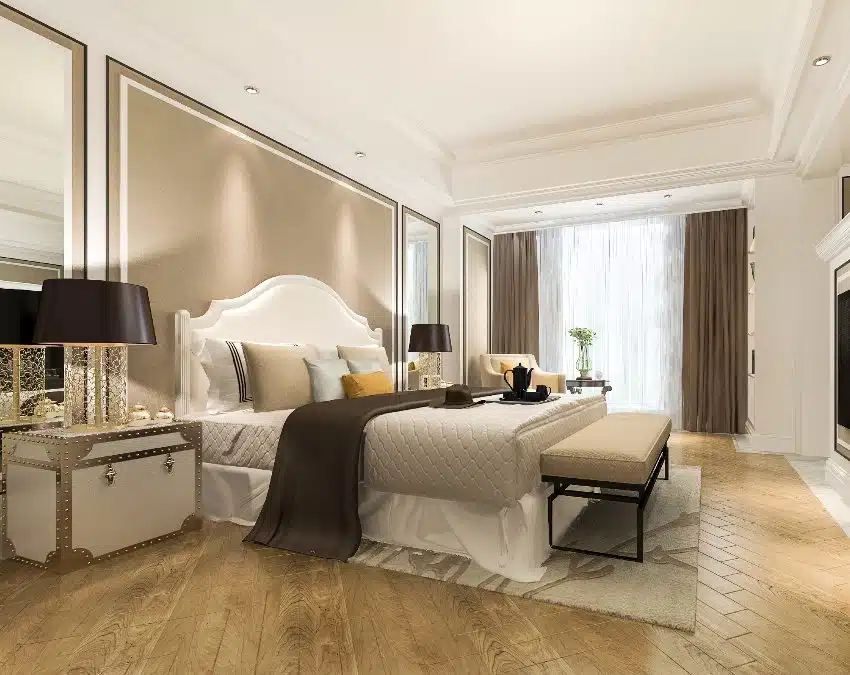 beige bedroom with brown furniture