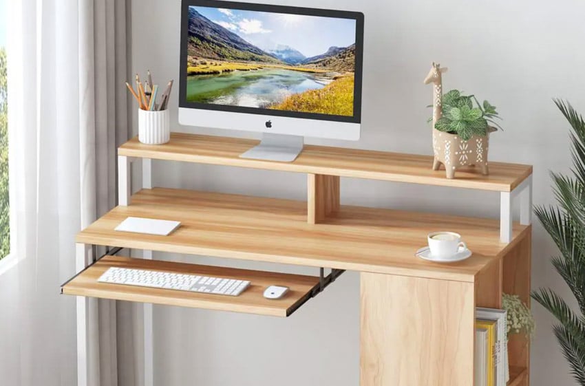 Computer desk with top mount drawer