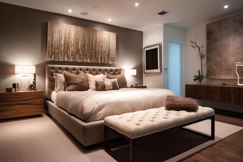 Contemporary master bedroom with brown and off white bedding and area rug