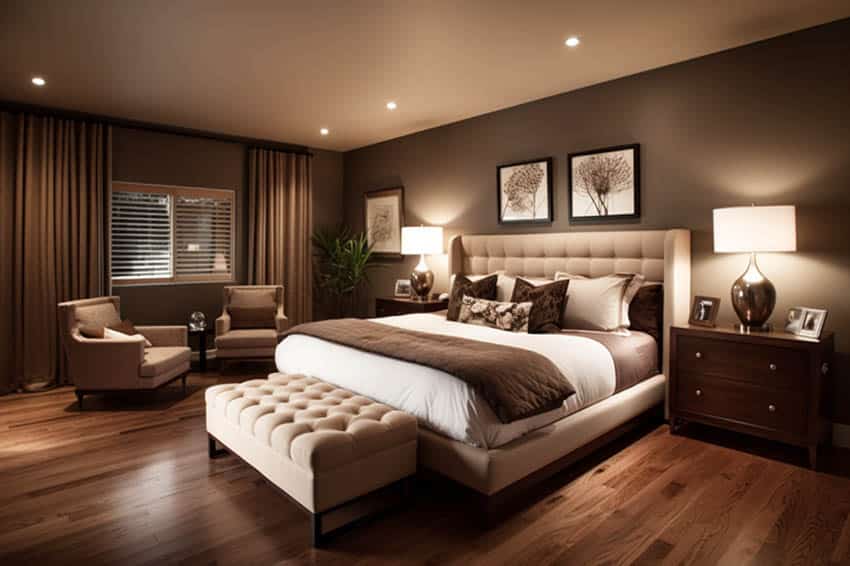 Contemporary master bedroom with medium brown walls and curtains