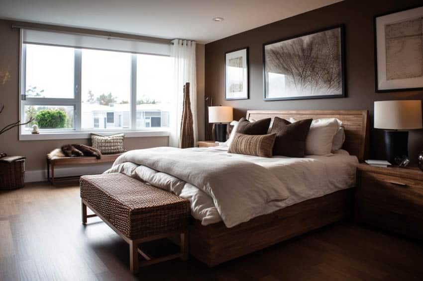 Contemporary master bedroom with walnut brown and tan walls