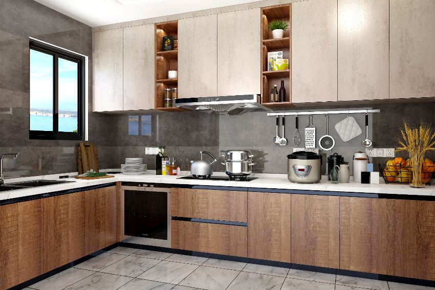 Kitchen interior with polyurethane kitchen cabinets, kitchenware and marble floor tiles