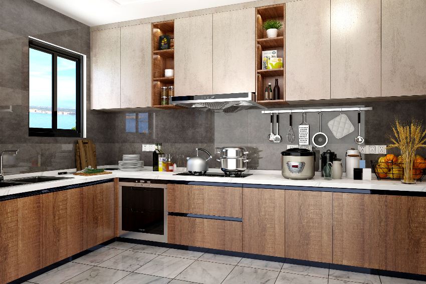 Kitchen with black tile backsplash and marble floor tiles