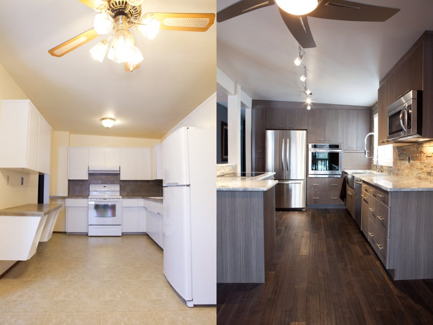 Kitchen remodel before and after with reglazed countertops, wood flooring, cabinets, and ceiling fan