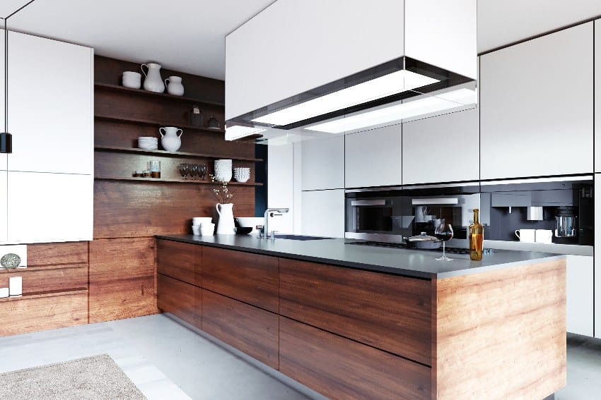 Large kitchen in a modern scandinavian style with layers of polyurethane coats on kitchen cabinets, white and wooden furniture facade and large kitchen island with a hood over it