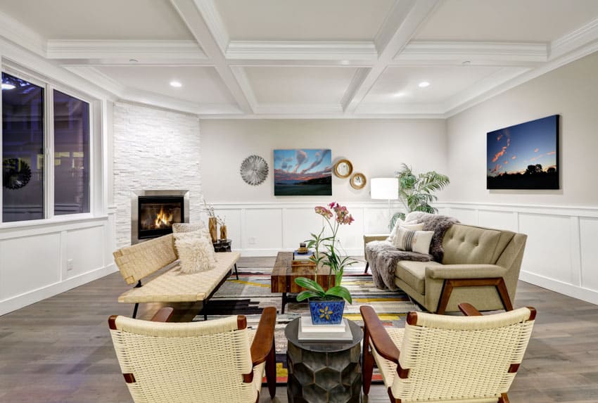 Room with arts and craft furniture, sofa, chairs and coffered ceiling