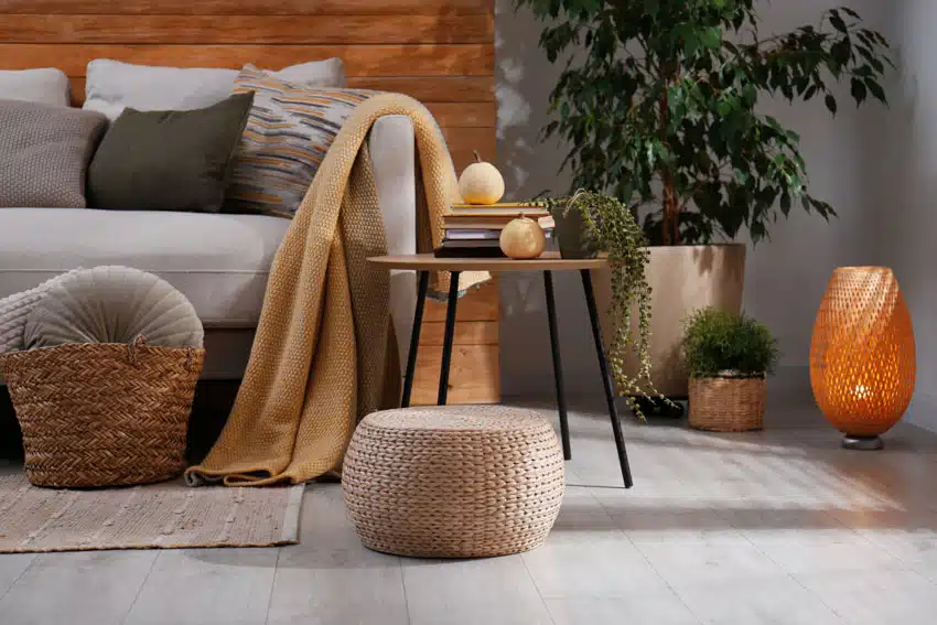 Living room with couch, pillows, pouf, side table, indoor plants, and wood floor