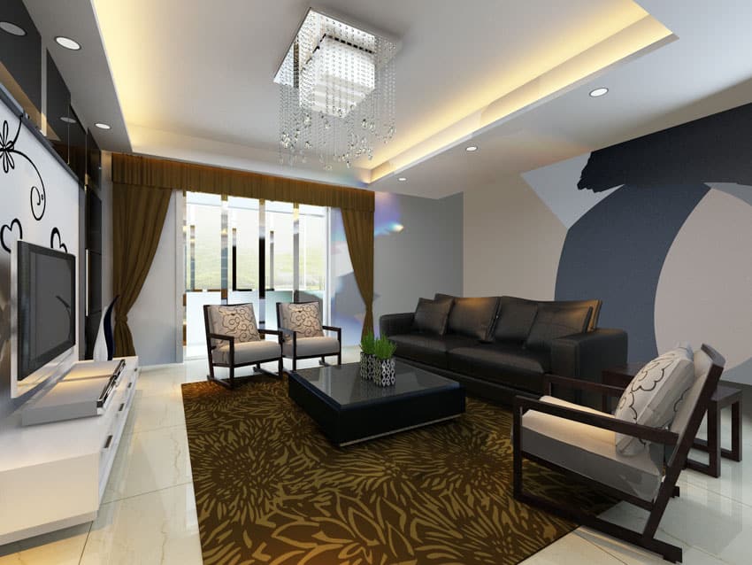 Living room with false ceiling cove lighting, sofa, cushioned chairs, rug, coffee table, television, curtain, and window