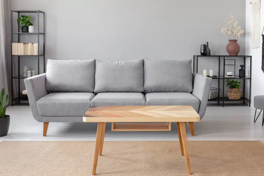 Living room with gray wall, sofa, rug, freestanding shelves, and MDF wood coffee table