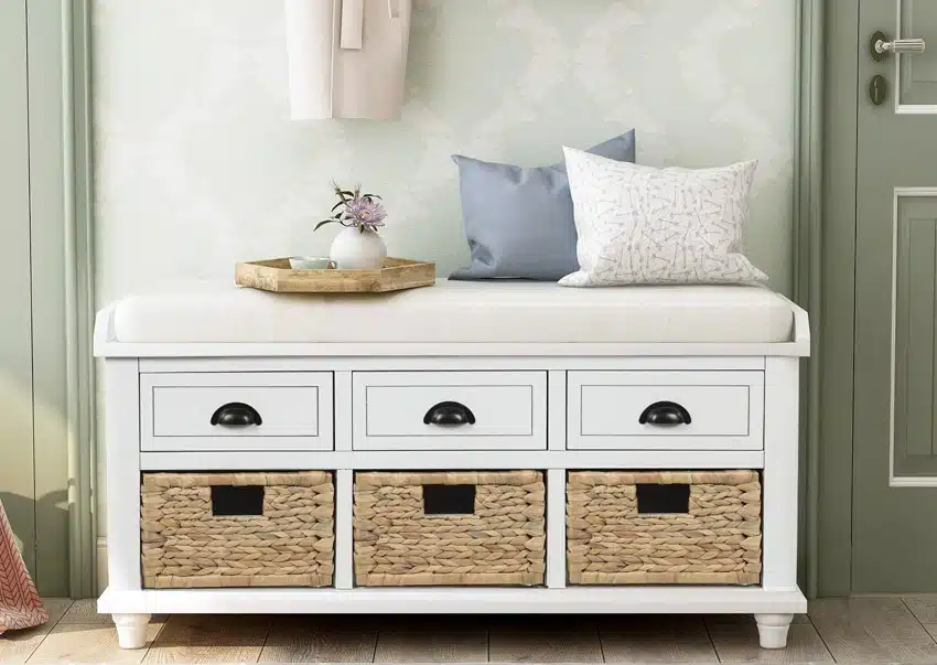 Cushioned bench drawer and pillows