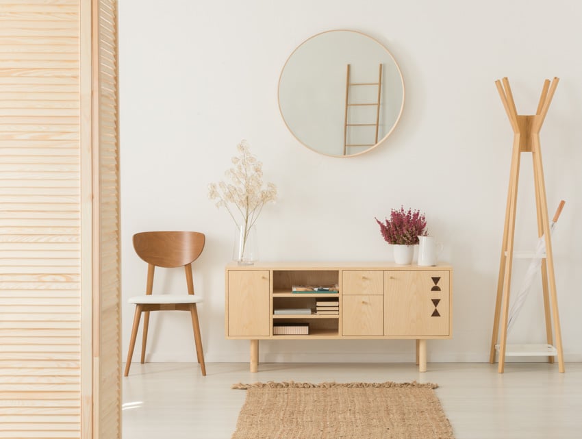 Rubberwood dresser, chair, rug, and mirror