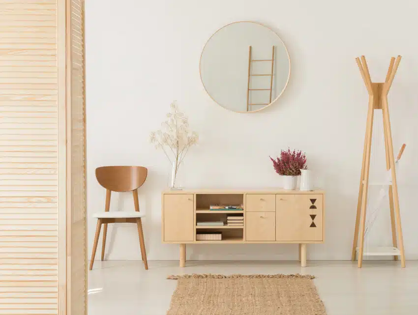 Rubberwood dresser, chair, rug, and mirror