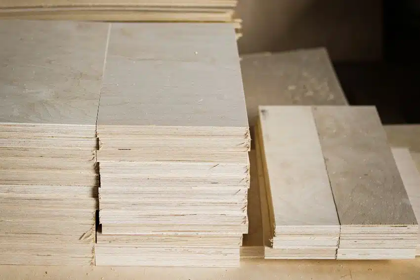 Sheets of plywood in an industrial shop