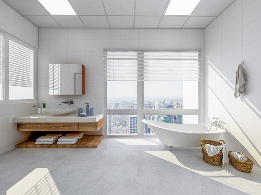 Minimalist bathroom with matte porcelain floor tile, tub, vanity area, ceiling tiles, and windows