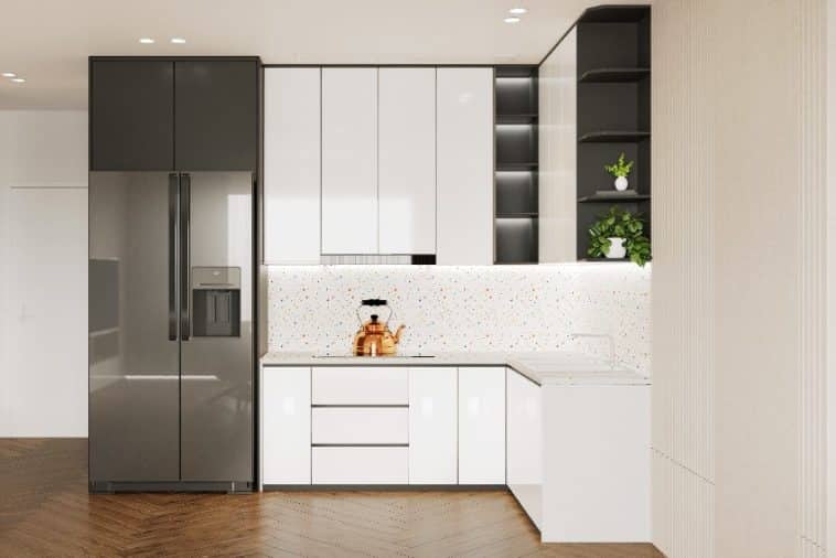 Polyurethane Kitchen Cabinets Finishes Application   Minimalist Kitchen Interior With White Cabinet With Polyurethane Finish And Gray Shelf Refrigerator Beside Is 758x506 