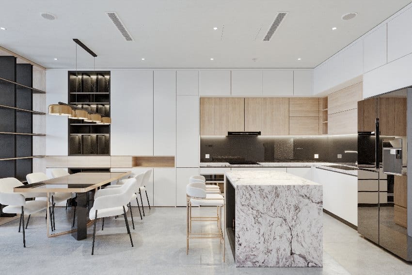 Modern dining interior with white cabinets kitchen island counter