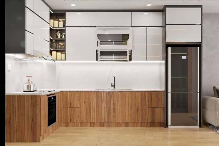 Polyurethane Kitchen Cabinets Finishes Application   Modern Kitchen Interior With Polyurethane Kitchen Cabinets White Marble Backsplash And Countertop And Wooden Floors Is 728x486 