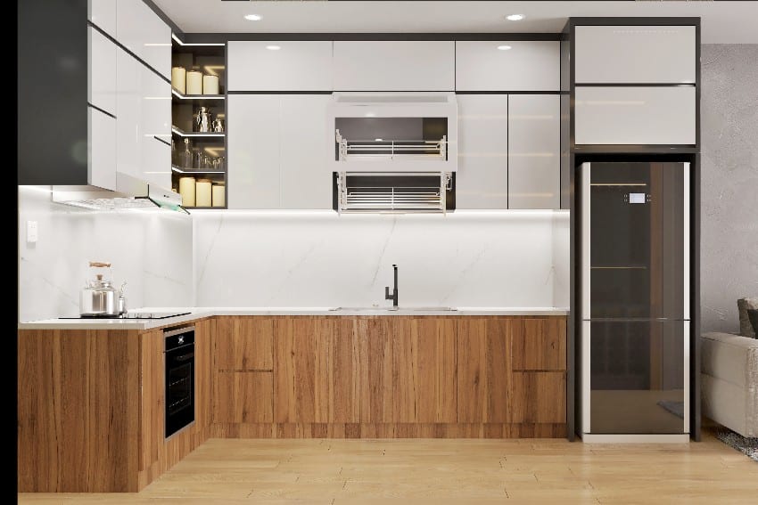 Modern kitchen interior with polyurethane kitchen cabinets, white marble backsplash and countertop and wooden floors