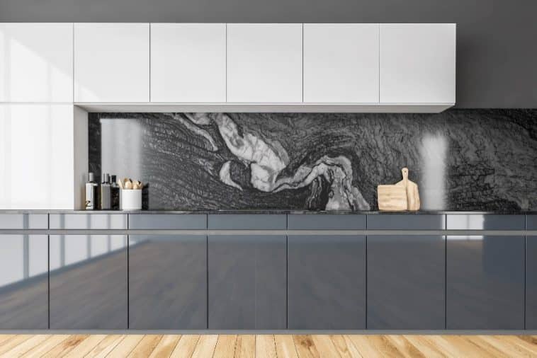 Modern Minimalist Black And White Kitchen With Polyurethane Kitchen Cabinets Marble Backsplash Appliances Stove And Parquet Floor Is 758x506 