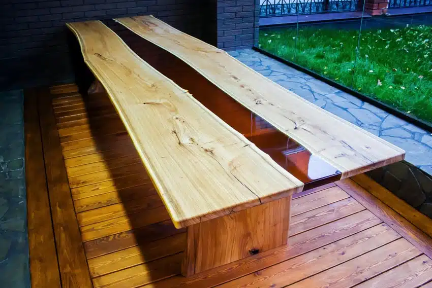 Outdoor table made of bookmatch wood