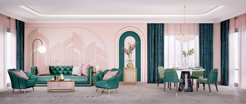 Art Deco style room and dining area with floral pink walls and blue green curtains