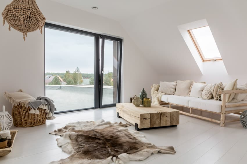 Scandinavian room with pine coffee table and futon