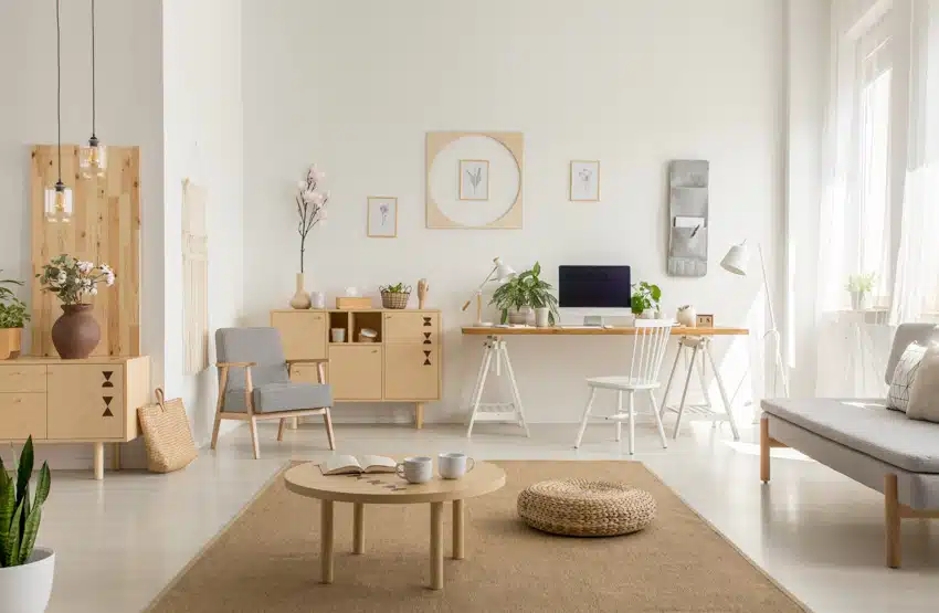Scandinavian living room with work area, dresser cabinet, chair, sofa, coffee table, pouf, carpet, and window curtain