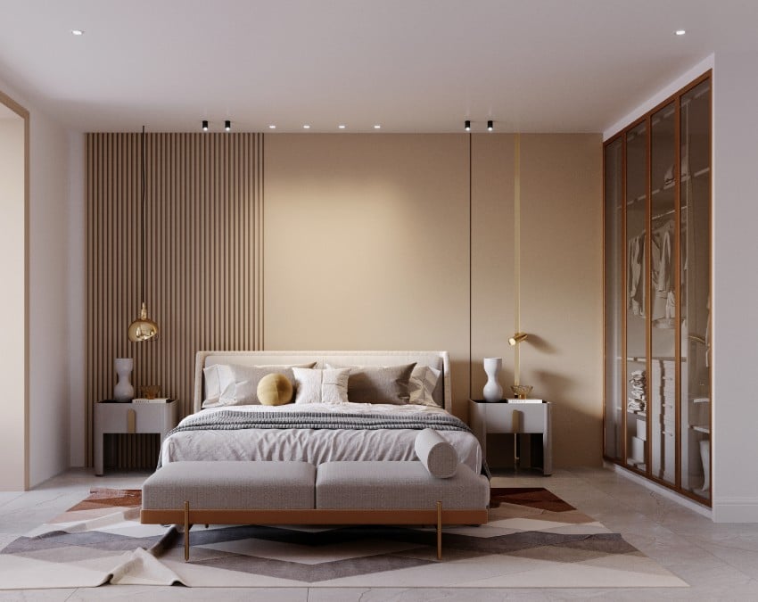 Stunning light brown modern bedroom interior with comfy bed, carpet on floor and bedside table with lamps