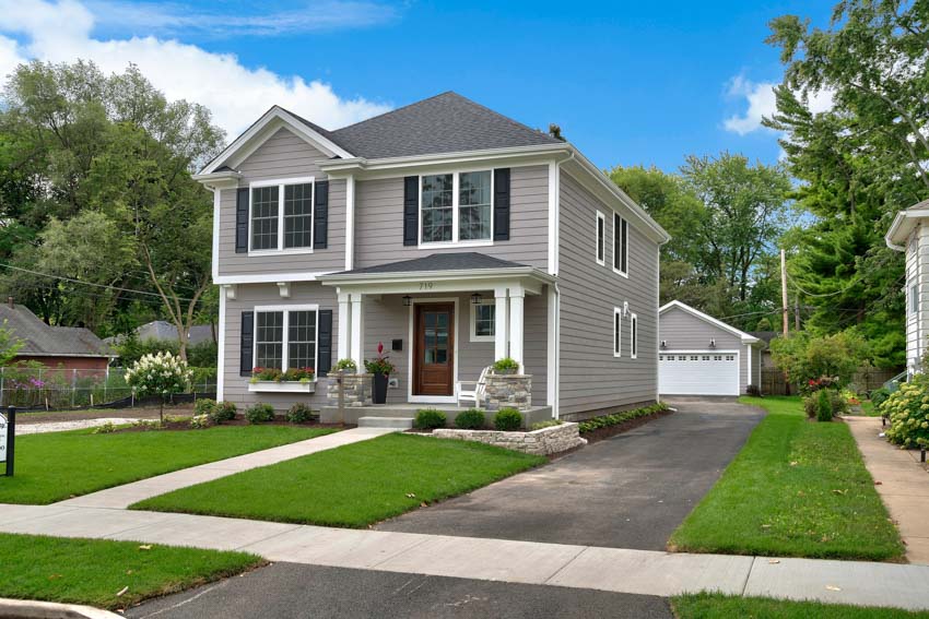 Suburban house with grey siding