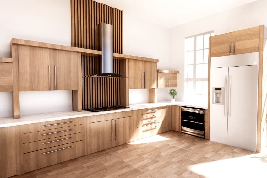 White and wood kitchen interior featuring MDF cabinets and manufactured wood flooring