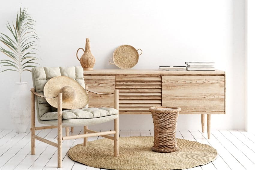 White simple in scandi boho style interior with ash wood furniture
