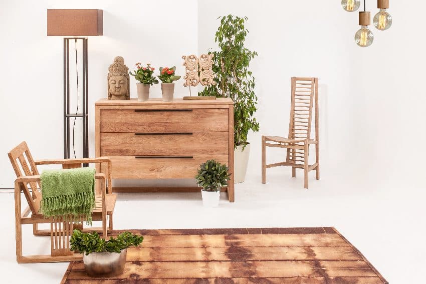 Alder wood furniture, green plants and accessories in white living area