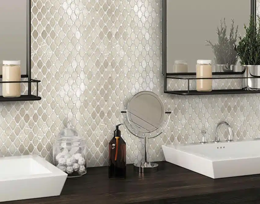 Dual sink vanity, wood countertop, mirrors and gloss backsplash