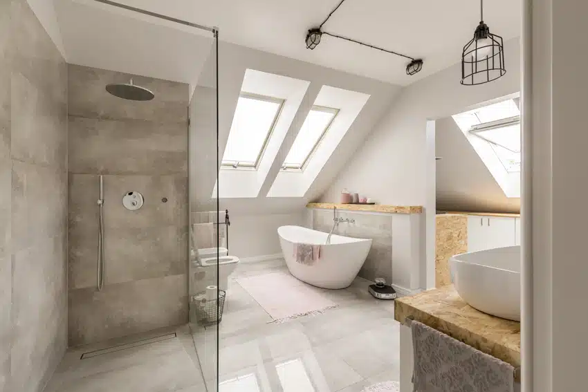 Bathroom with double skylights and pendant lights