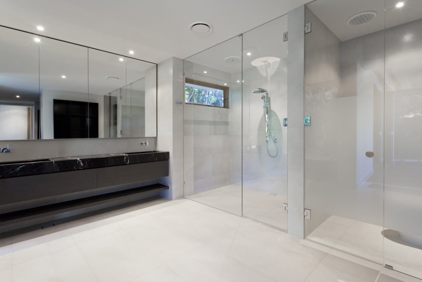 Bathroom with transom window, and glass enclosure