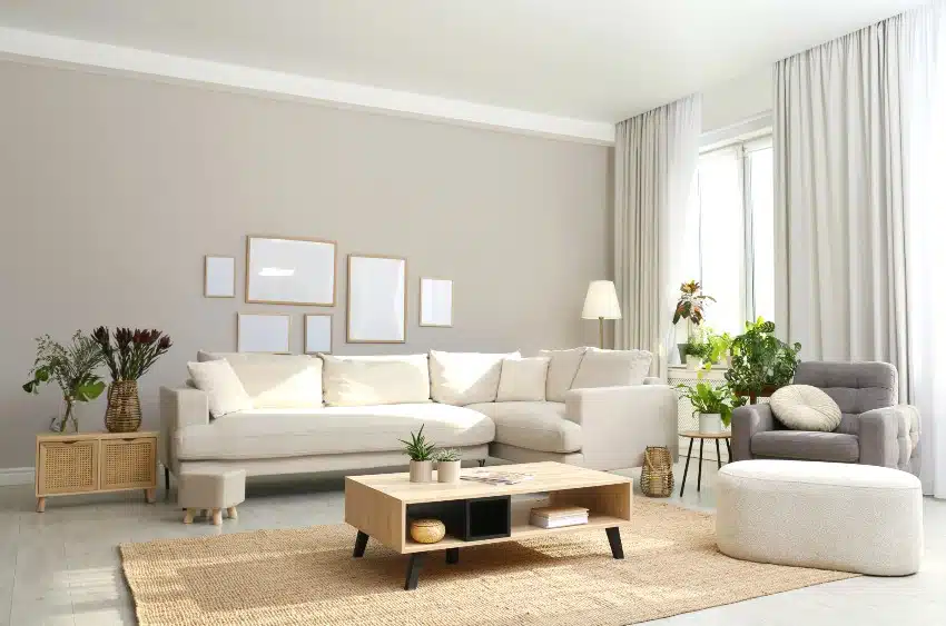 Beautiful and very tidy living room interior with various certified organic furniture