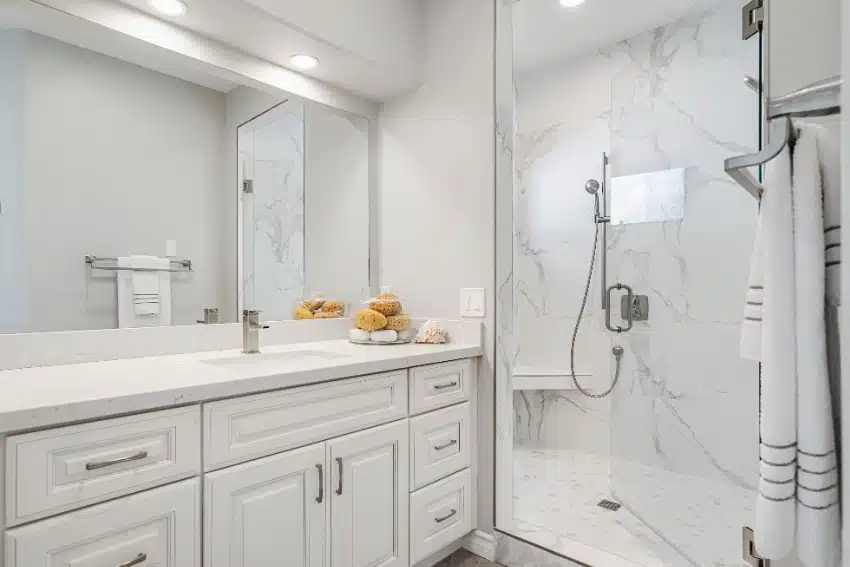 Beautiful white modern bathroom design with vinyl sheets shower walls