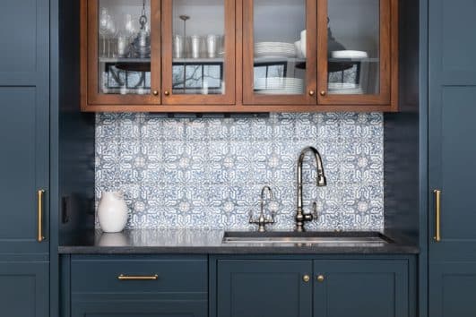 Spanish Tile Kitchen Backsplash Eye Catching Designs   Contemporary Kitchen With Spanish Tile Backsplash Countertiop Sink Faucet And Glass Cabinets Ss 531x354 