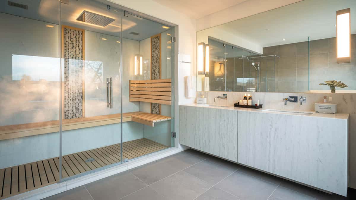 Contemporary steam shower with teak seating and floors