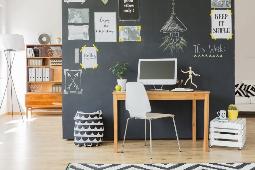 Creative home office with computer desk accessories and chalkboard accent wall