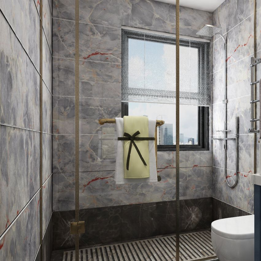 Dark modern bathroom with vinyl shower walls