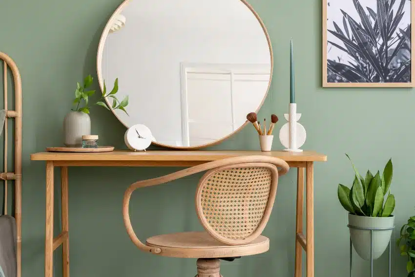 Elegant details of modern interior design with maple wood furniture, mirror, painting and stylish personal accessories on green wall