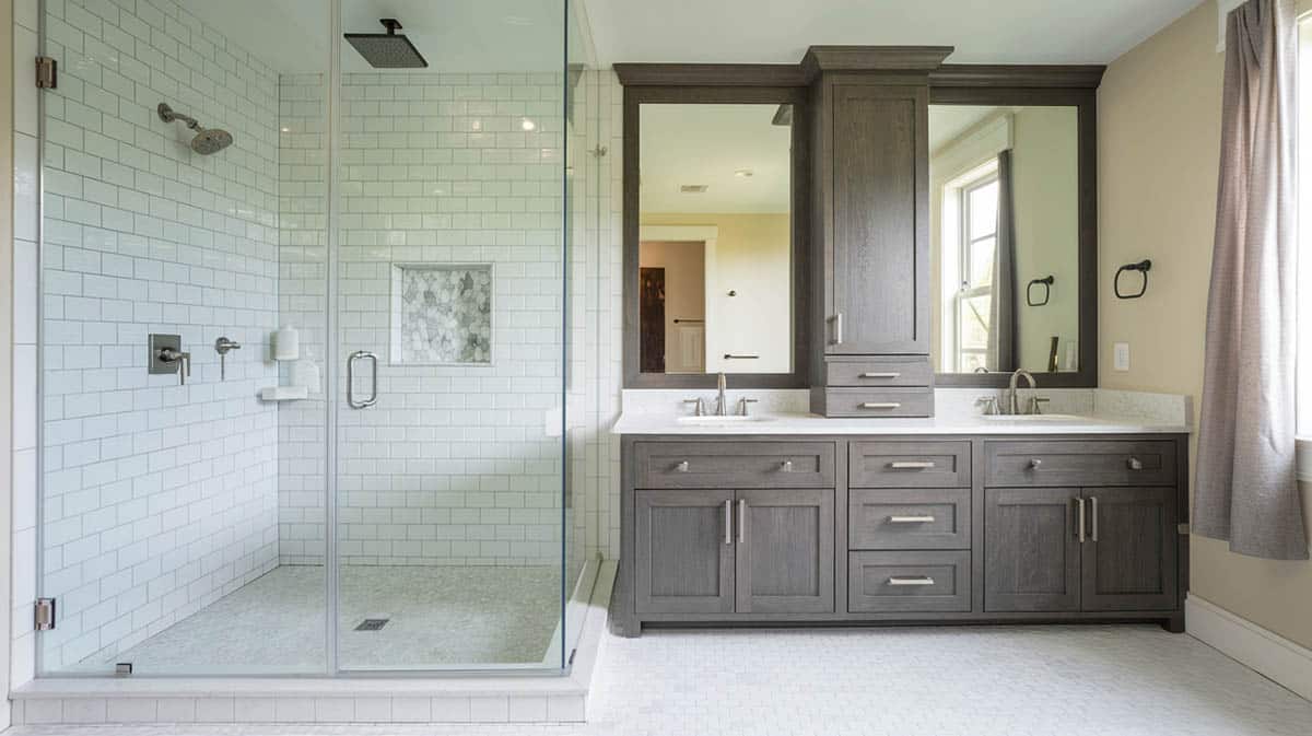 Frameless shower next to large wood vanity with two sinks